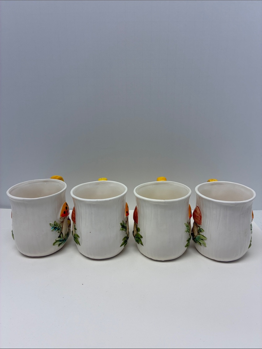 Vintage Merry Mushroom Ceramic Mug Set Yellow Handle Hand Painted Set of 4 - Picture 9 of 10
